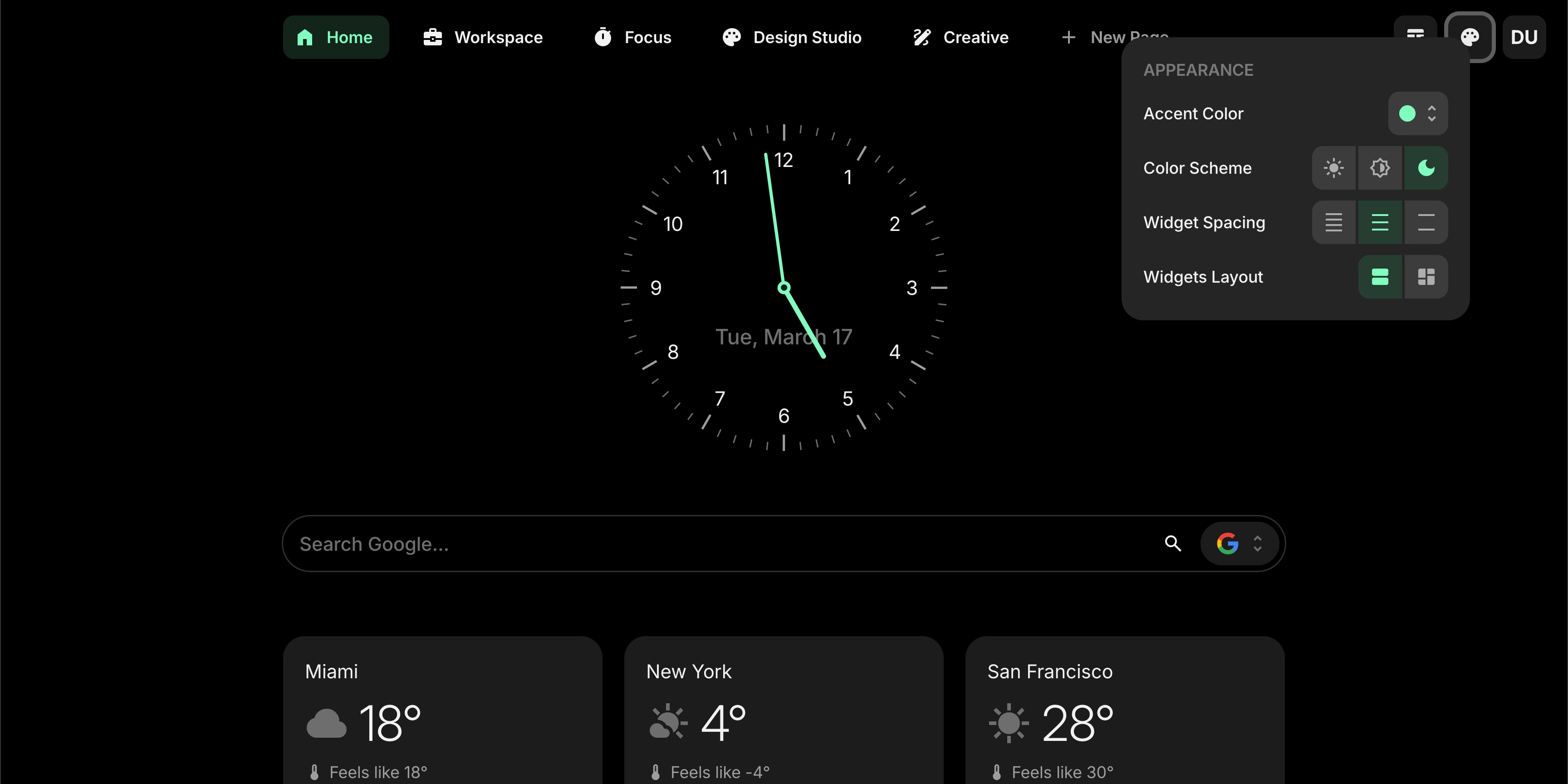Appearance settings panel showing accent color, color scheme, widget spacing, and layout options