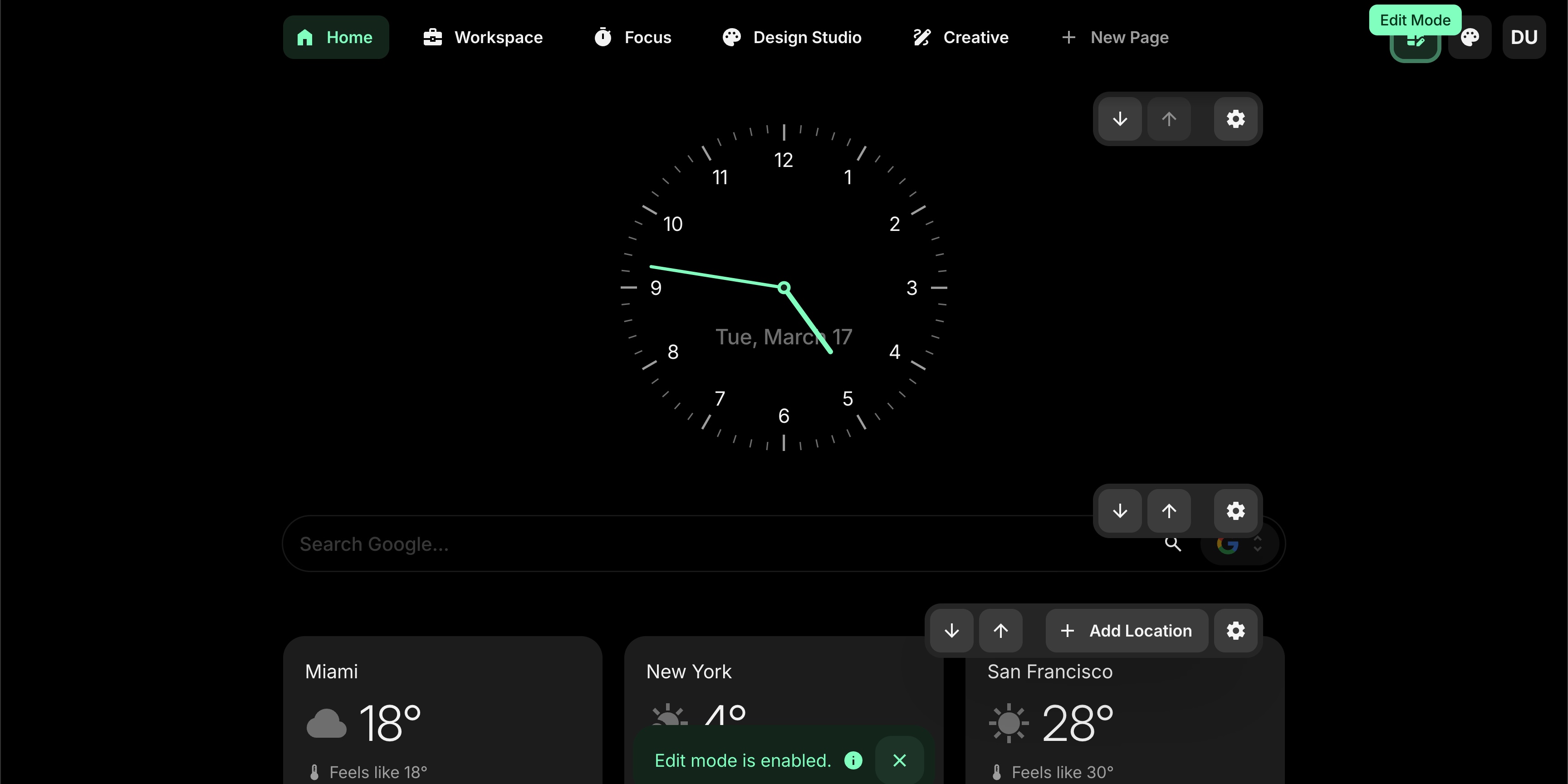 Dashboard with edit mode enabled showing widget toolbars