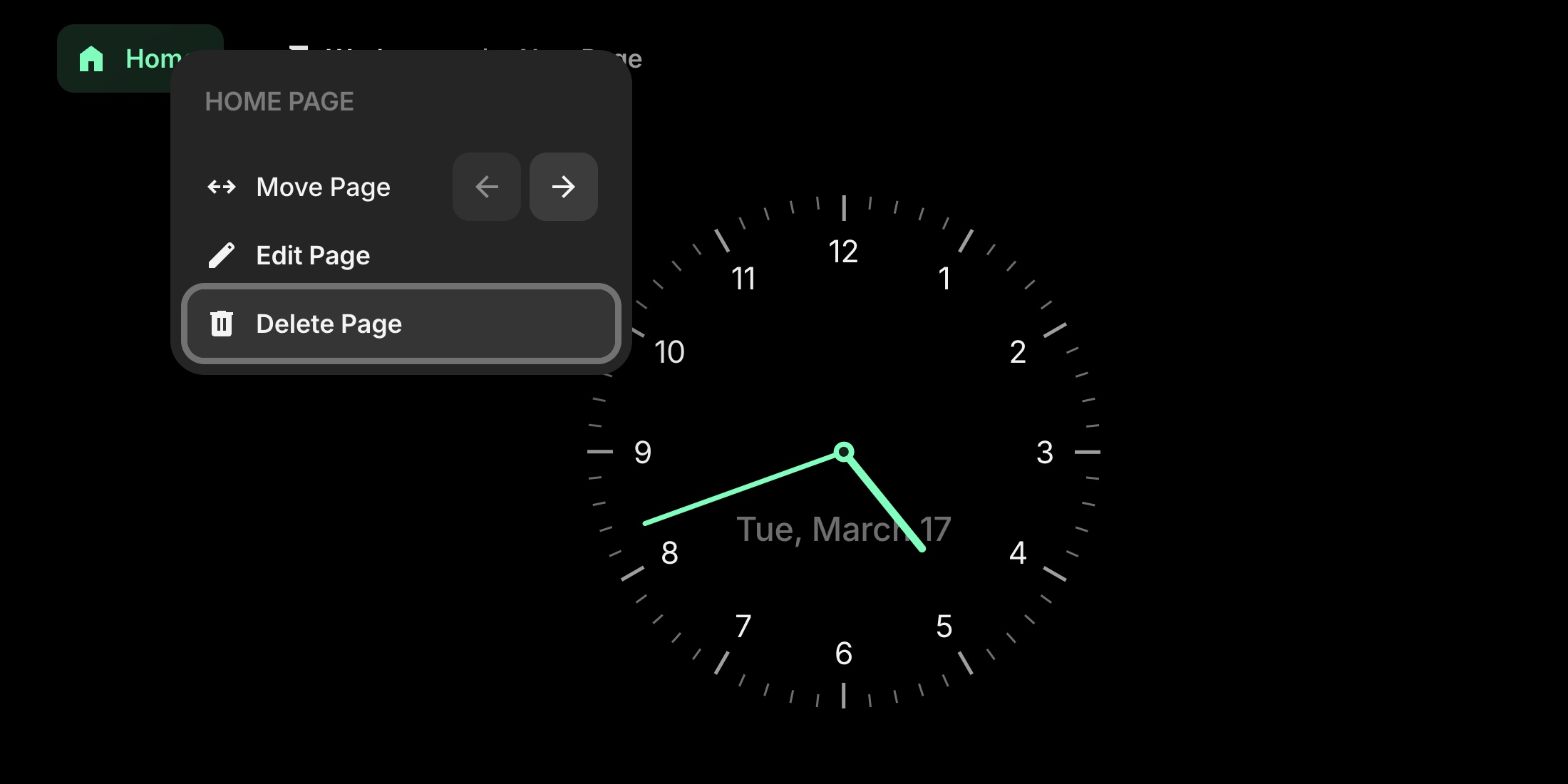 Page context menu with delete page option