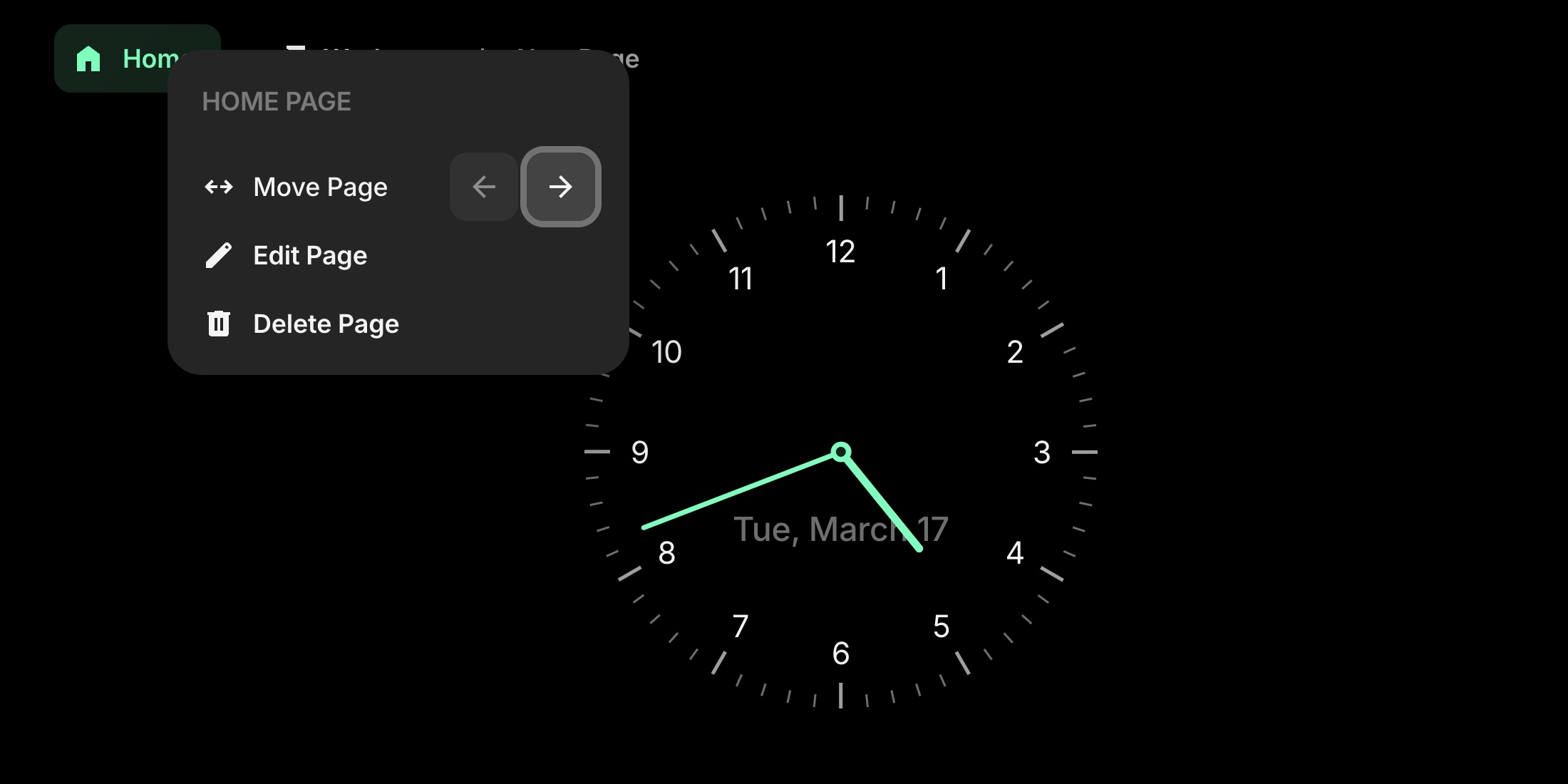 Page context menu with move left and right arrow buttons