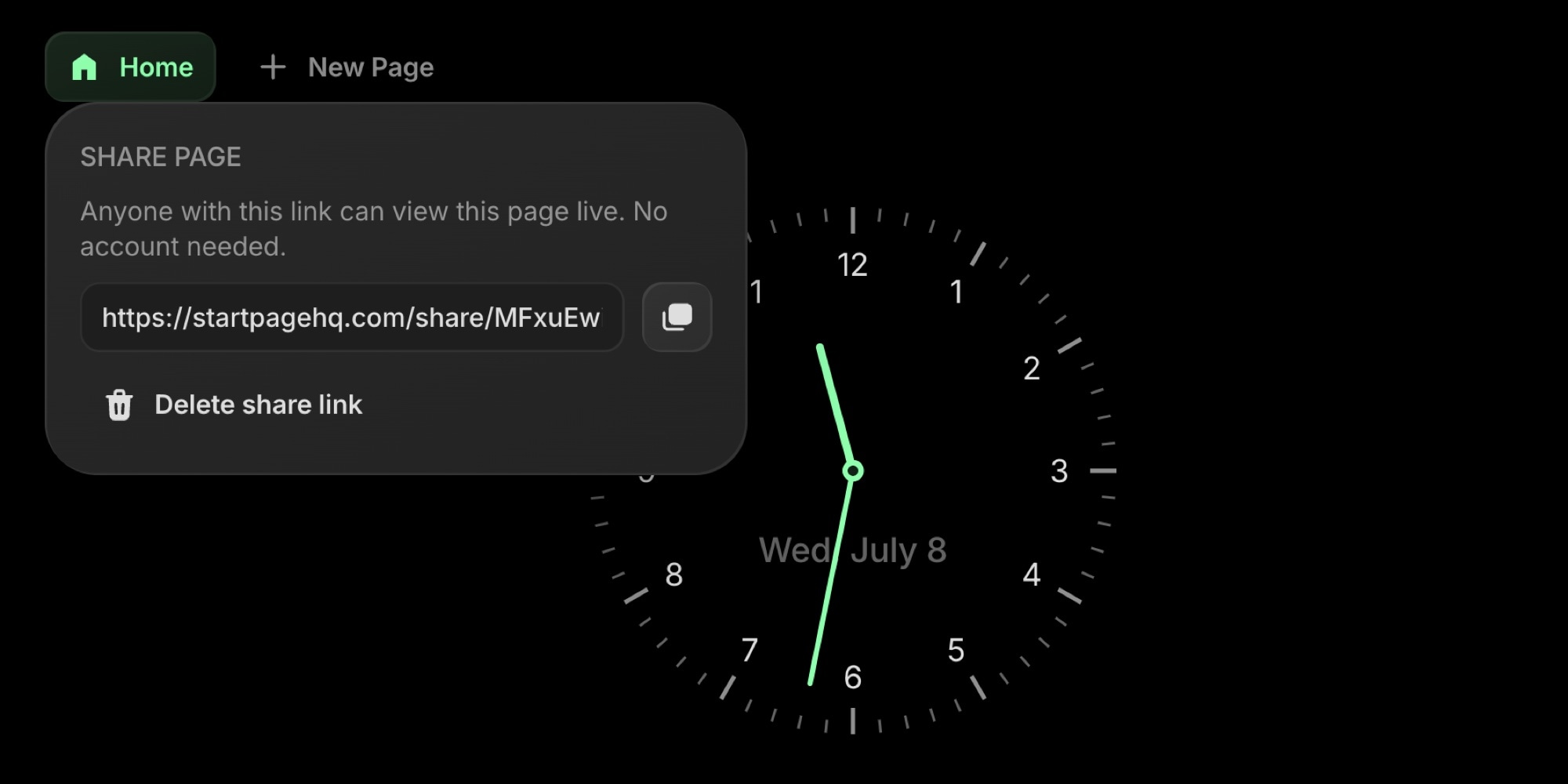 Share Page popover showing the generated public link and a copy button