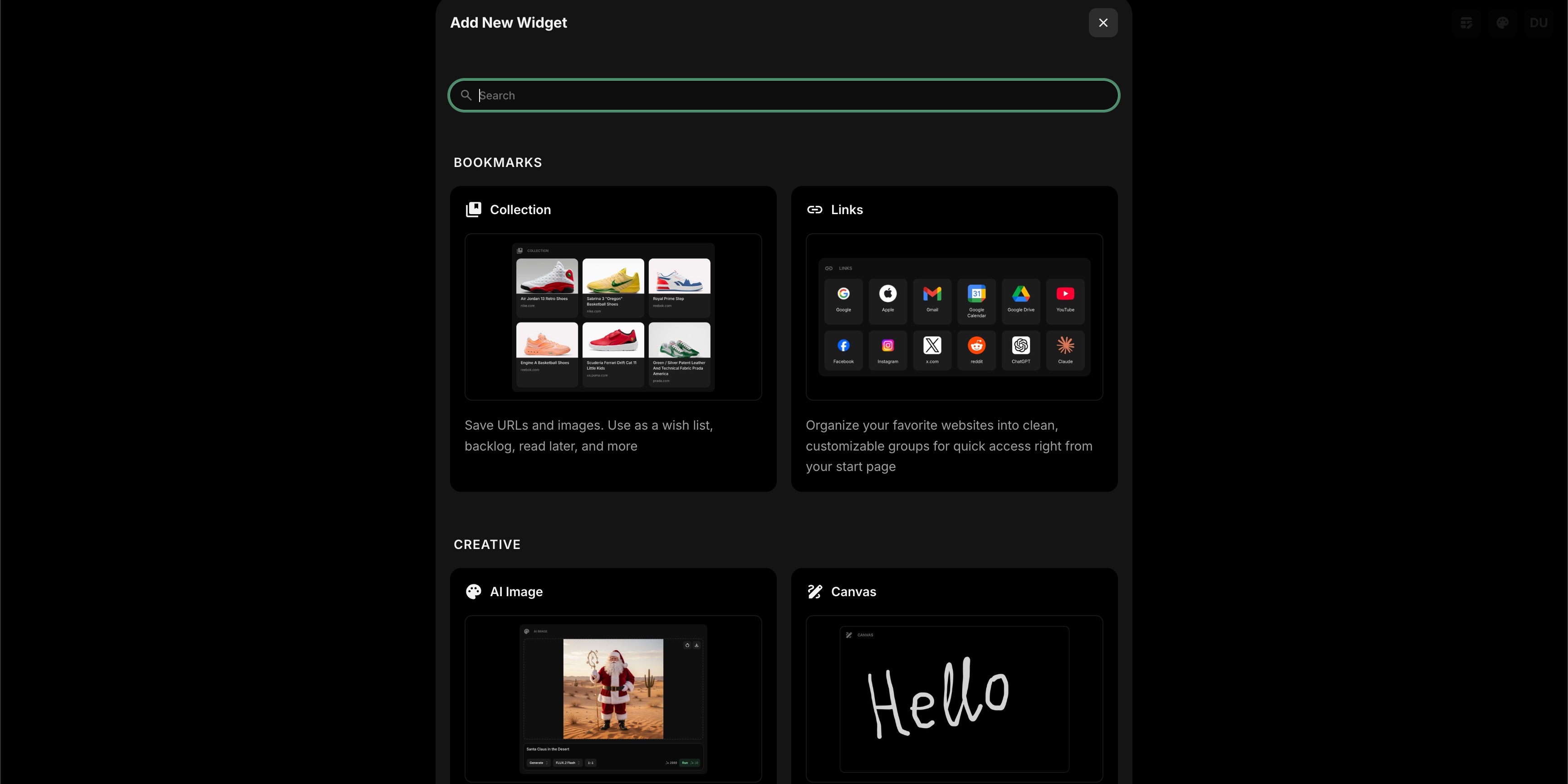 Add widget popup showing widget categories and search bar