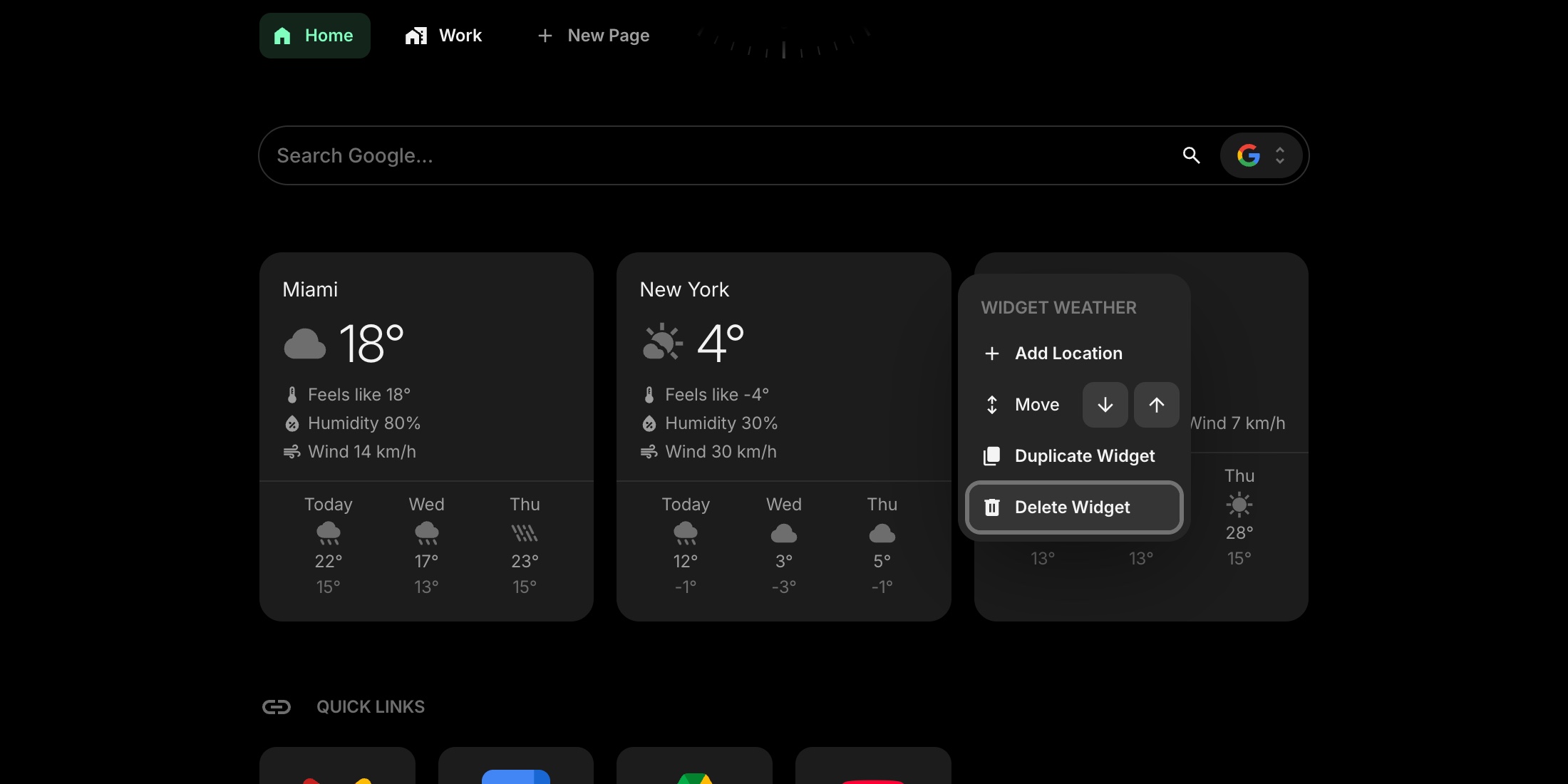 Widget context menu with delete widget option