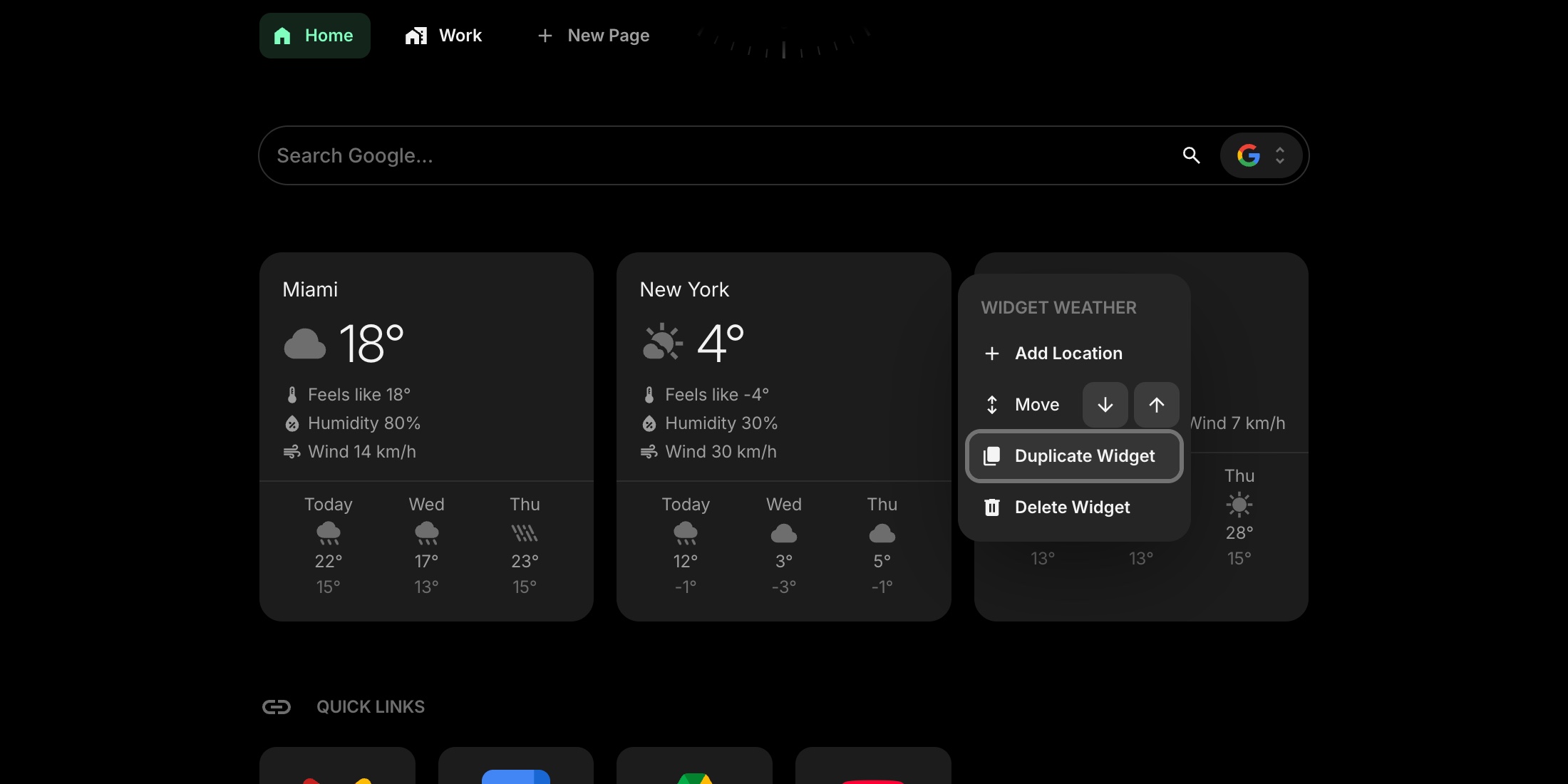 Widget context menu with duplicate widget option