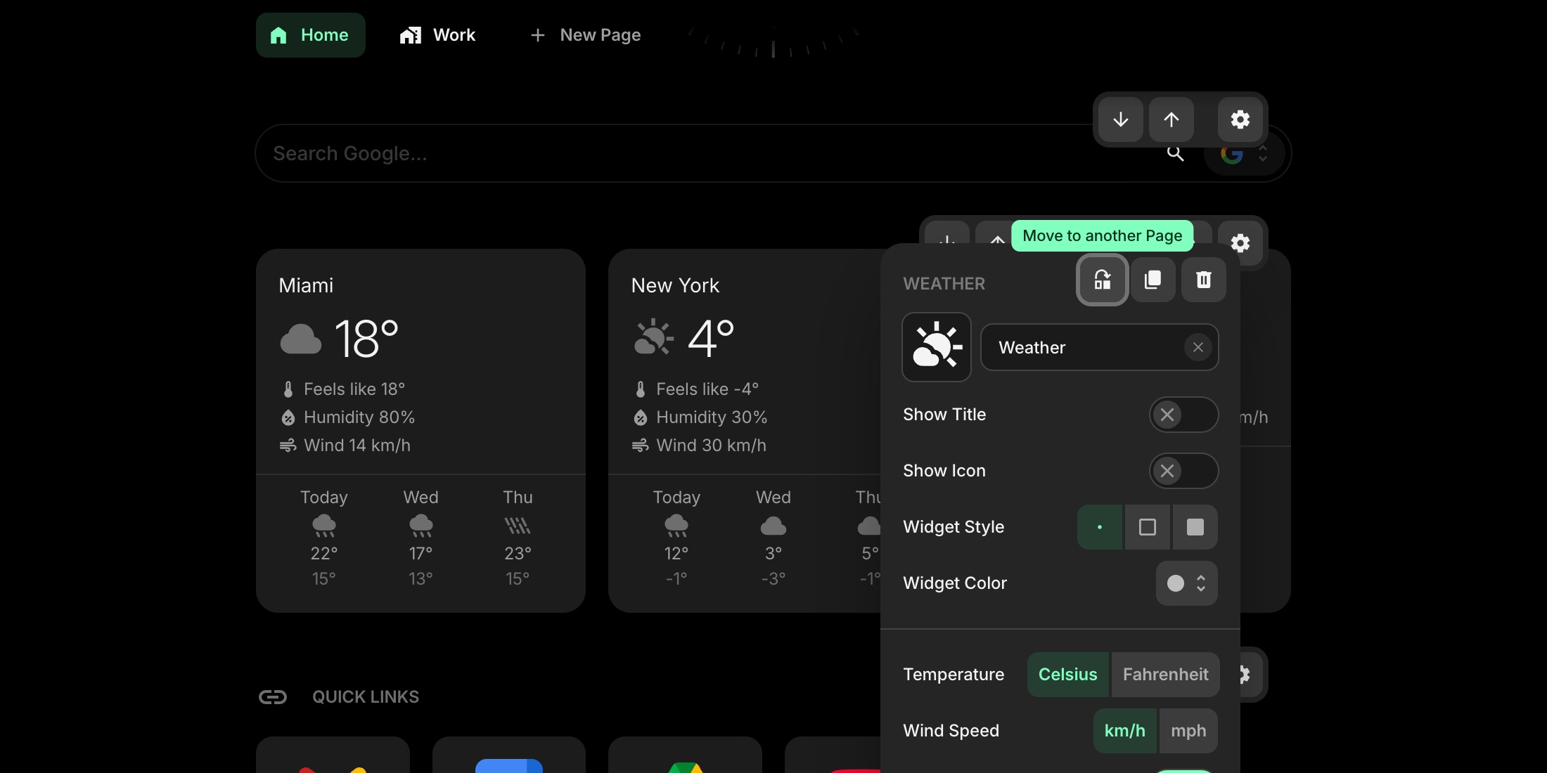 Move to page popup showing a list of available pages