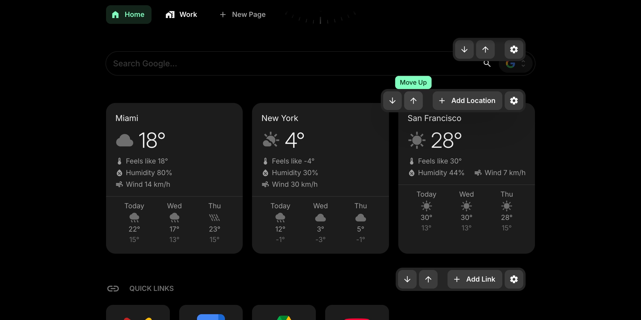 Widget toolbar in edit mode with move up and move down buttons