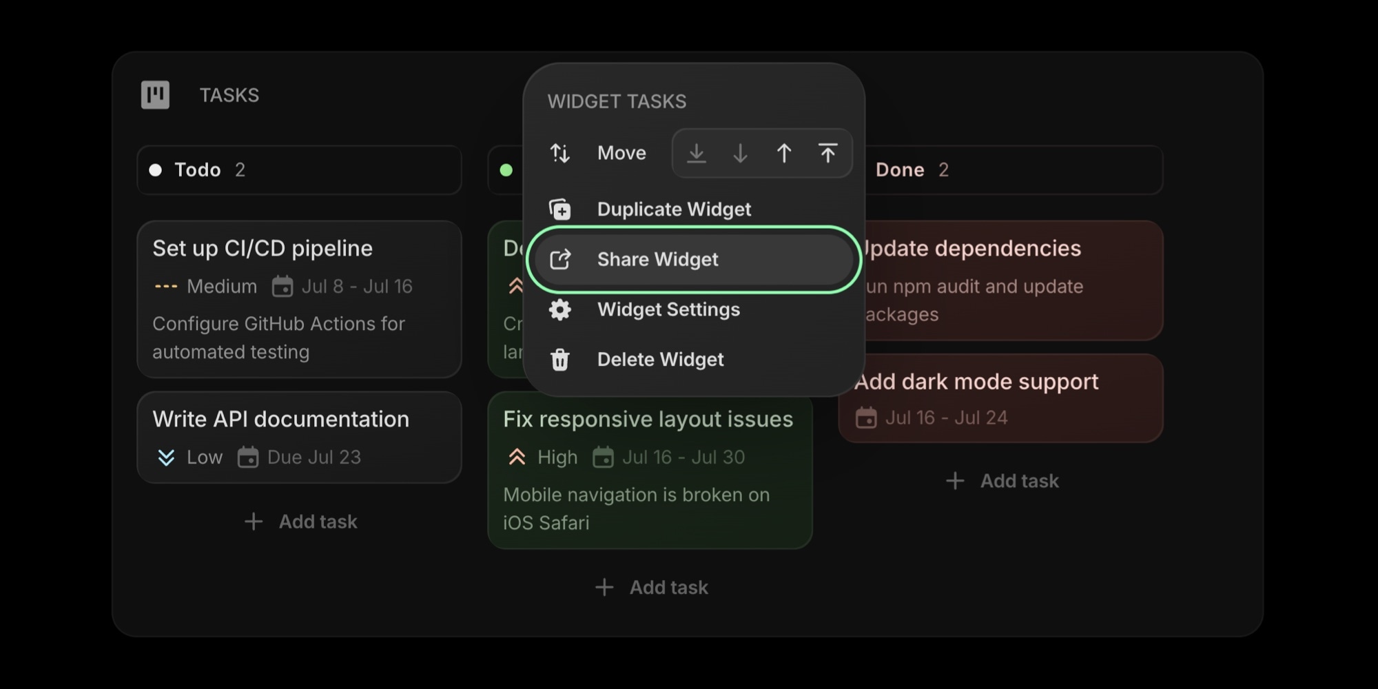 Widget context menu with the Share Widget option highlighted