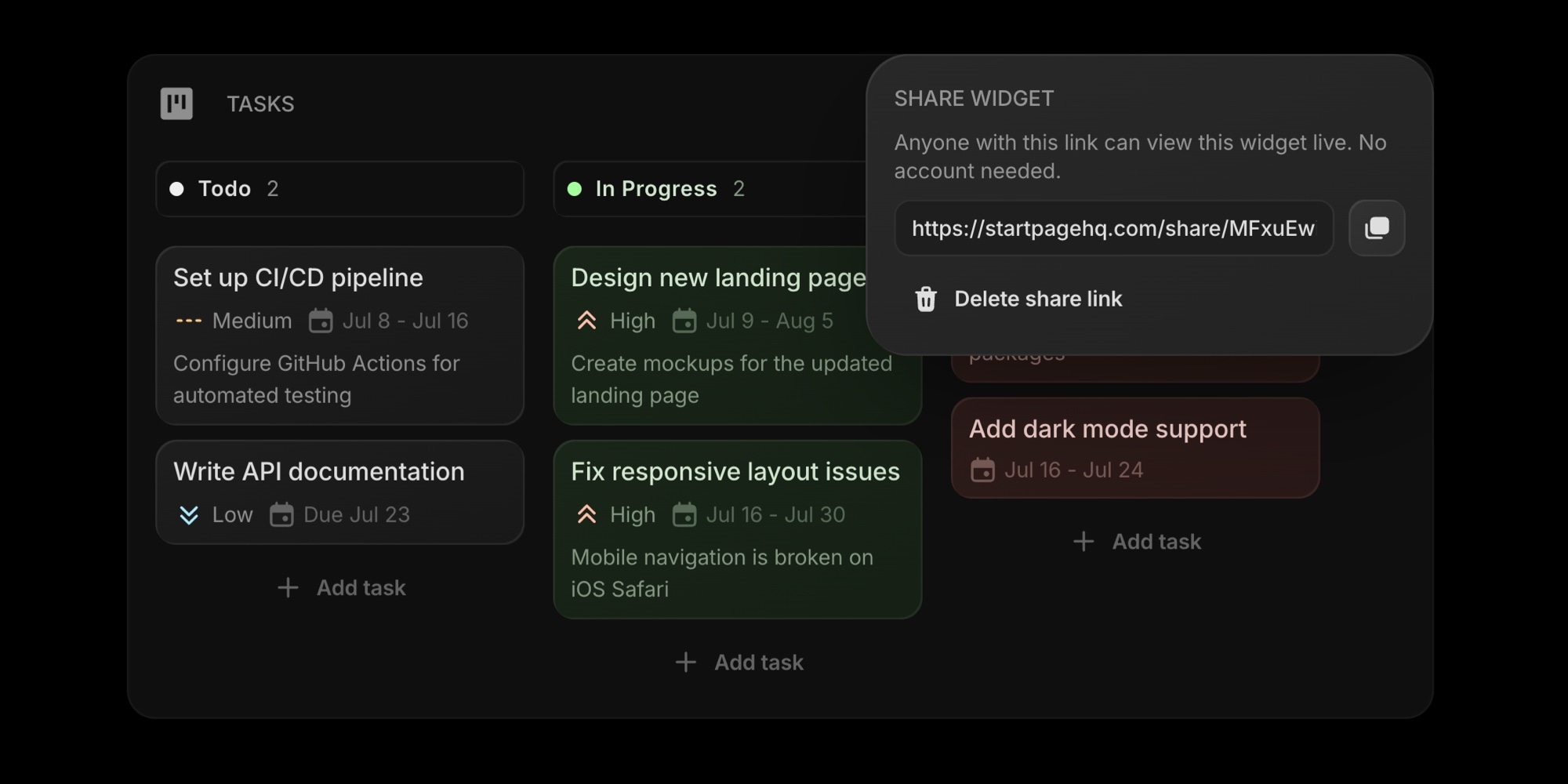 Share Widget popover showing the generated public link and a copy button