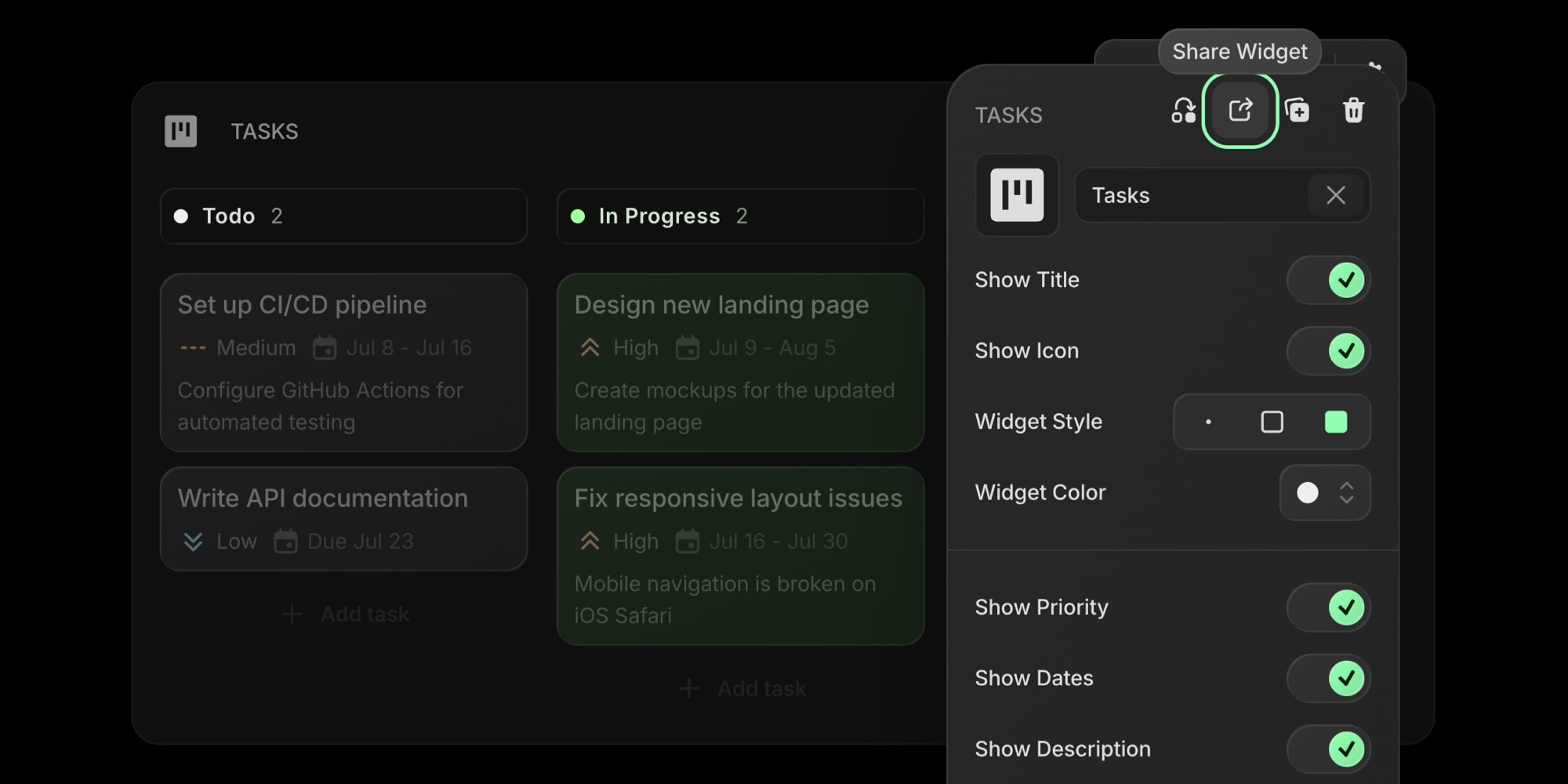 Widget settings panel with the Share Widget option highlighted