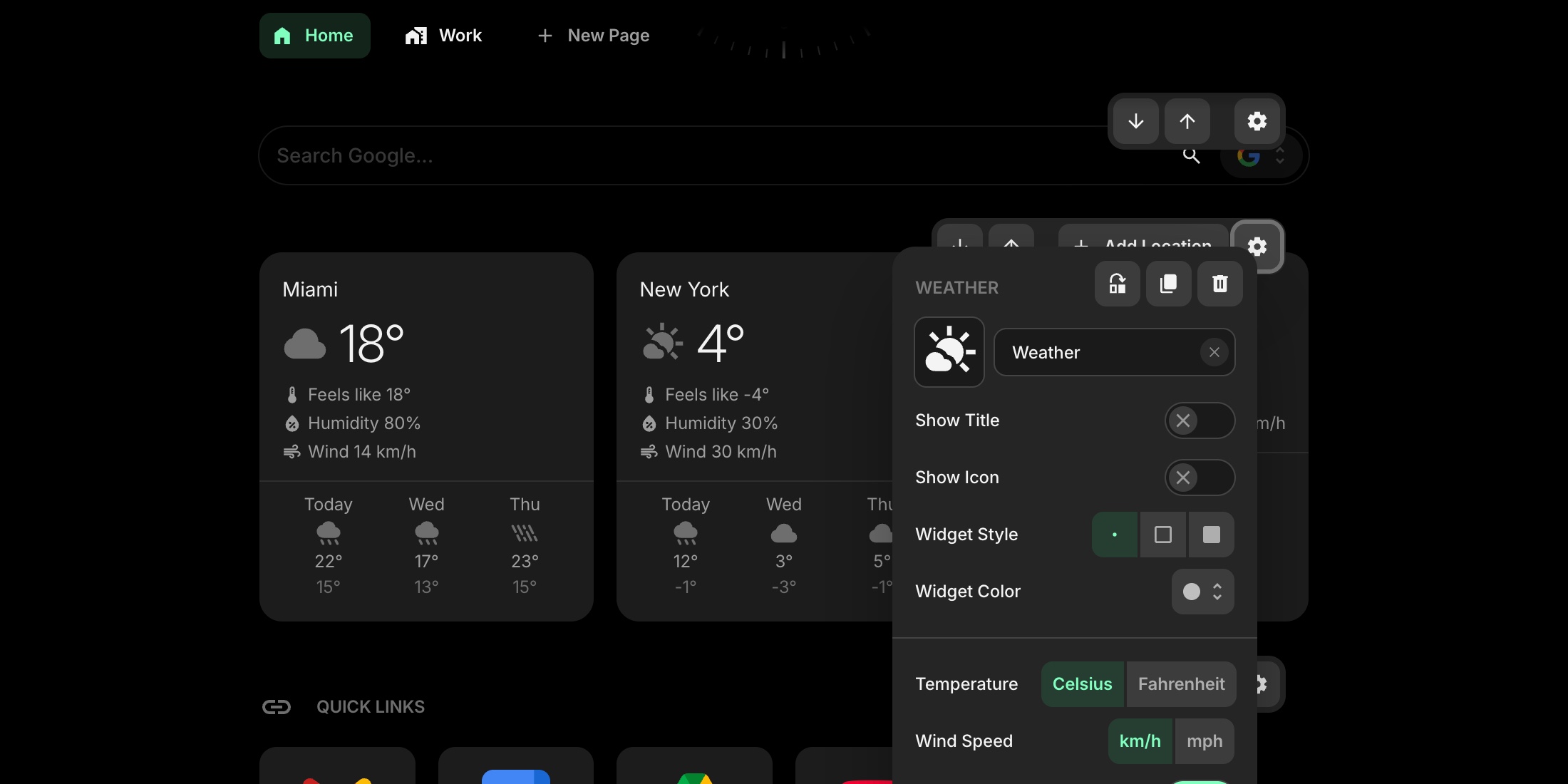 Widget settings panel showing title, icon, style, and color options