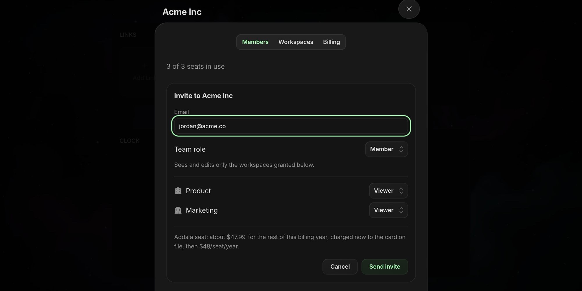 Invite form with an email address, the Member role, Viewer access to each workspace, and a note on what the extra seat costs