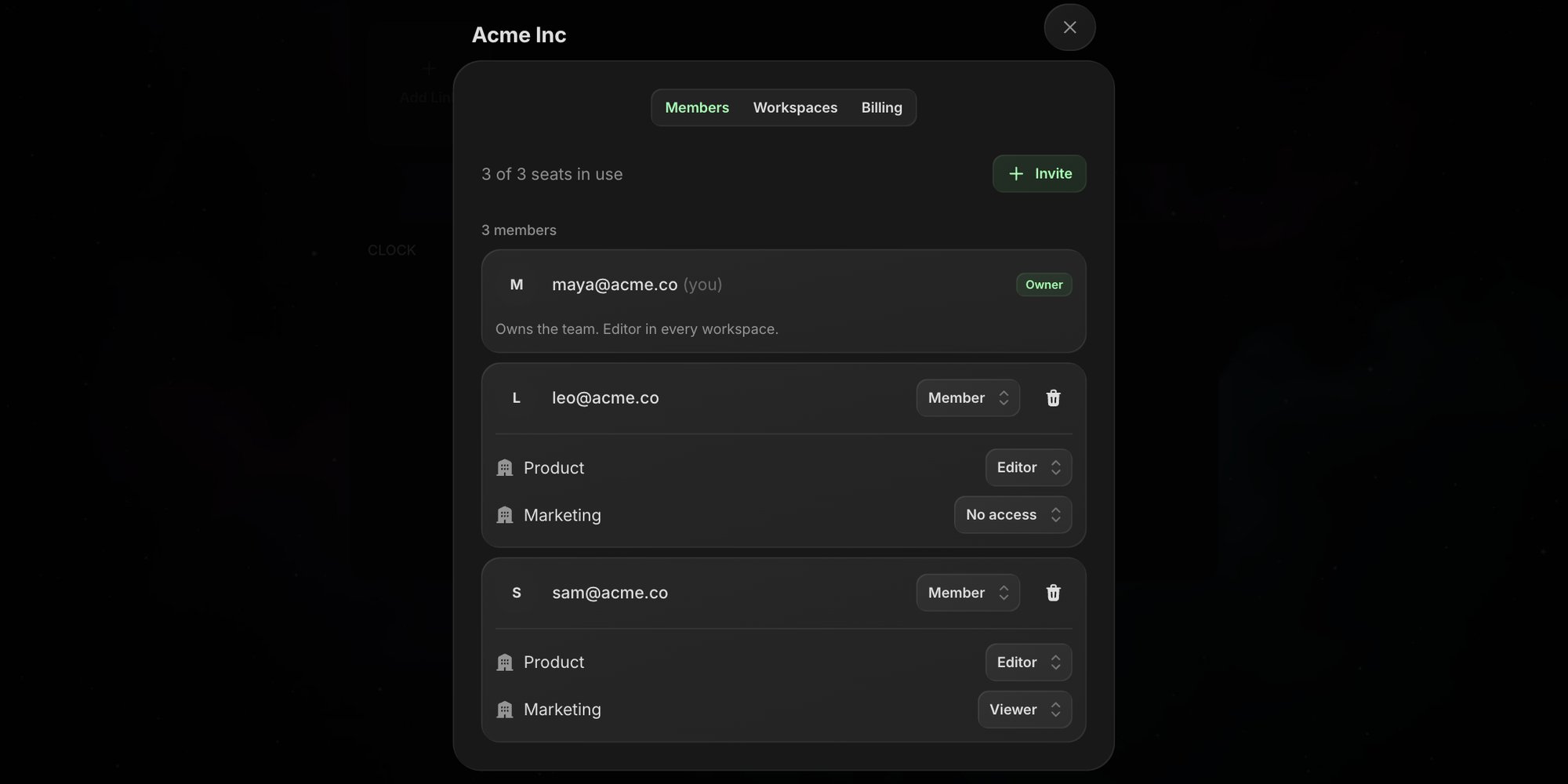 Members tab showing seats in use, the owner, and two members with their access to each workspace