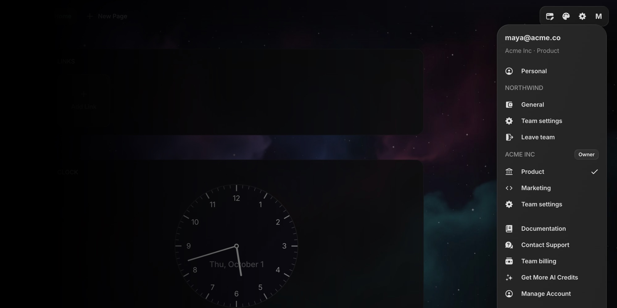 Avatar menu listing Personal and each team with its workspaces, the active workspace checked