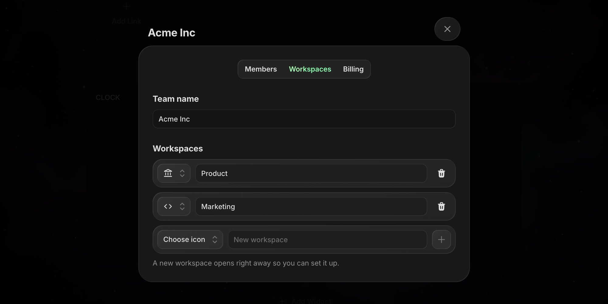 Workspaces tab in Team settings with the team name, each workspace with its icon and name, and a row to add a new one