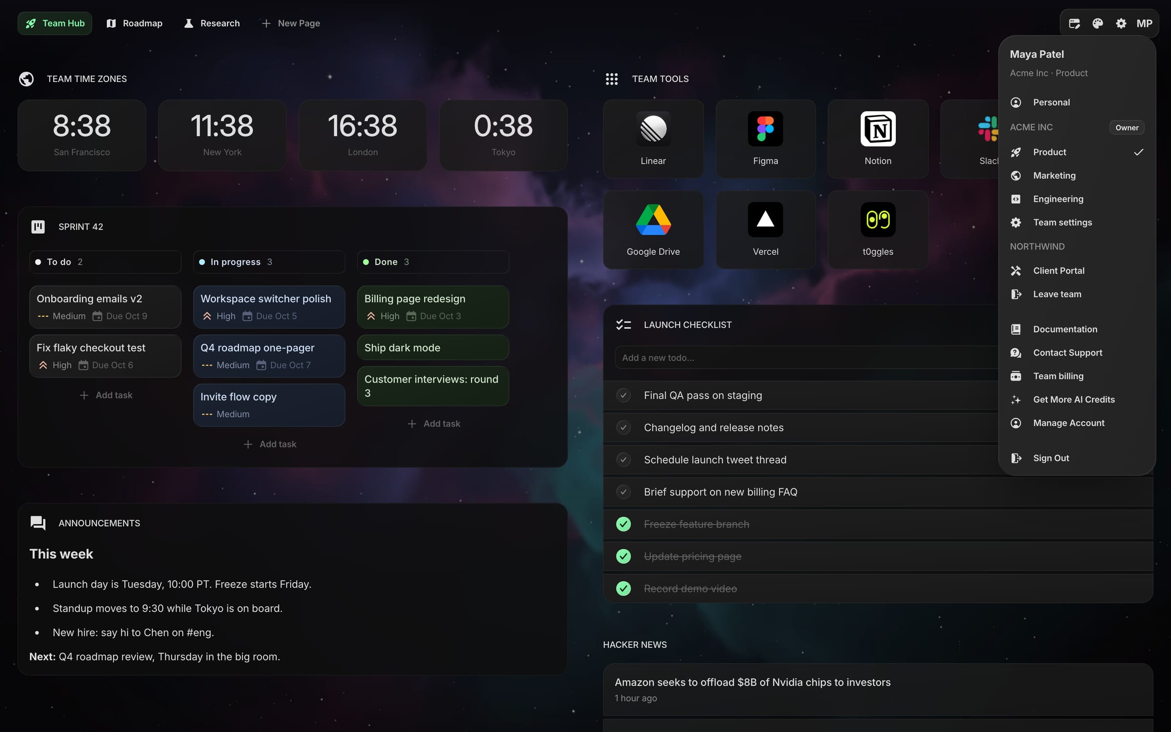 A team workspace with clocks, a sprint board and shared links, and the workspace switcher open on Acme Inc