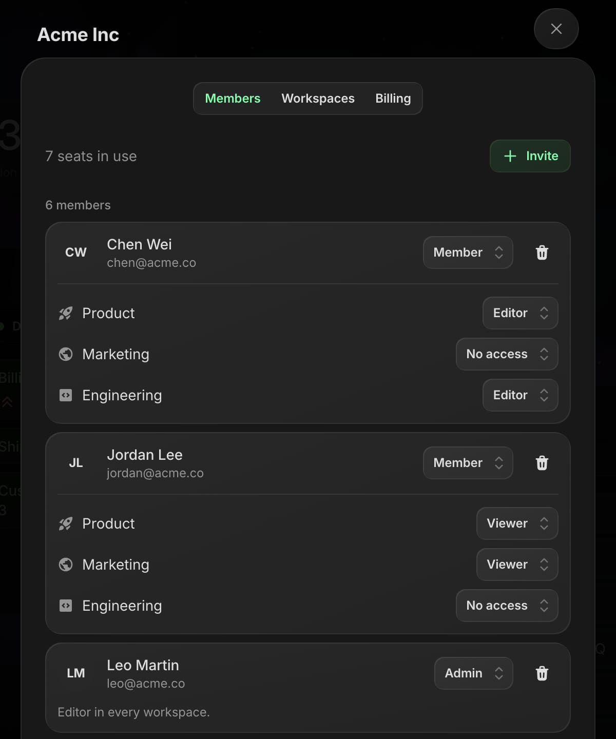 Team settings listing members, each with a team role and editor, viewer or no access per workspace