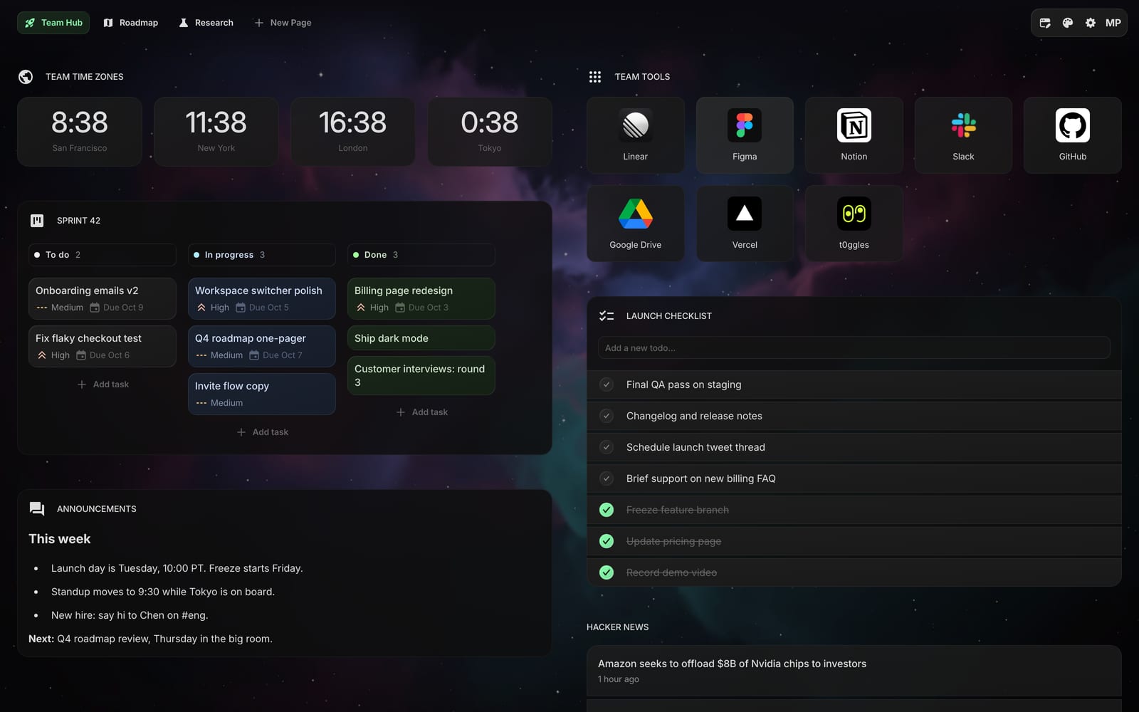 The Product workspace of a team